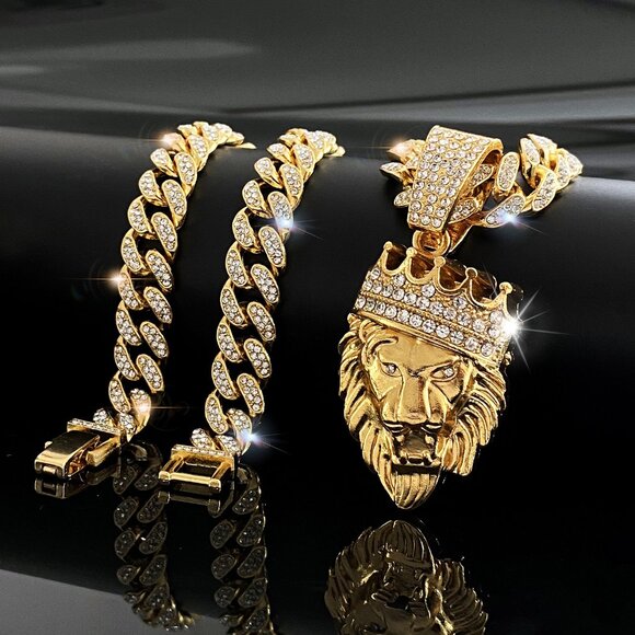 Jewelry Fashion Full Diamond Creative Crown Lion Head Necklace Pendant